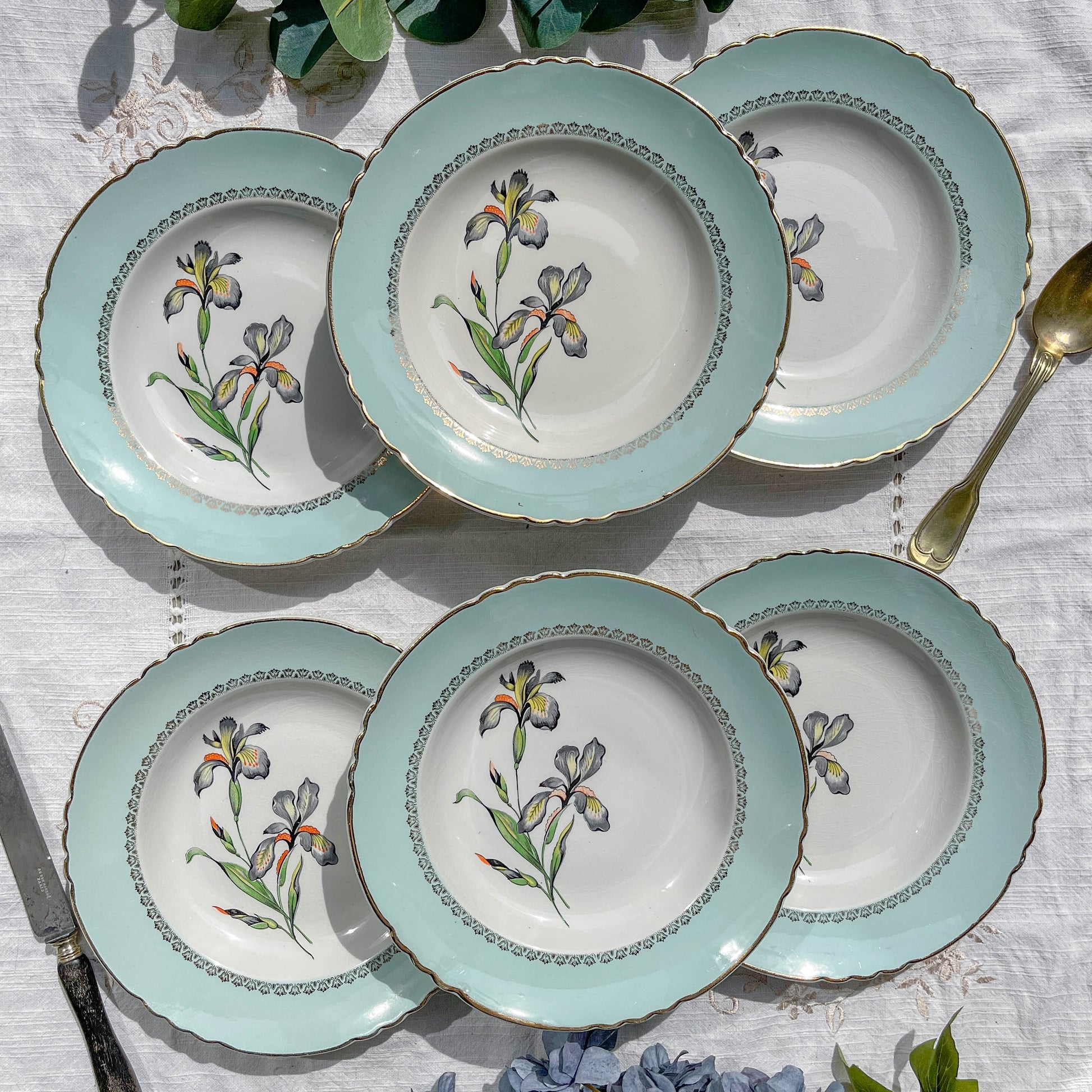 6 Assiettes creuses porcelaine vintage blanche verte Iris Moulin des Loups "Sargosse" 1950s