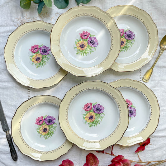 6 Assiettes creuses en porcelaine vintage motif fleuri blanche jaune doré L'Amandinoise "Coopélia" -Vaisselle vintage fleurie