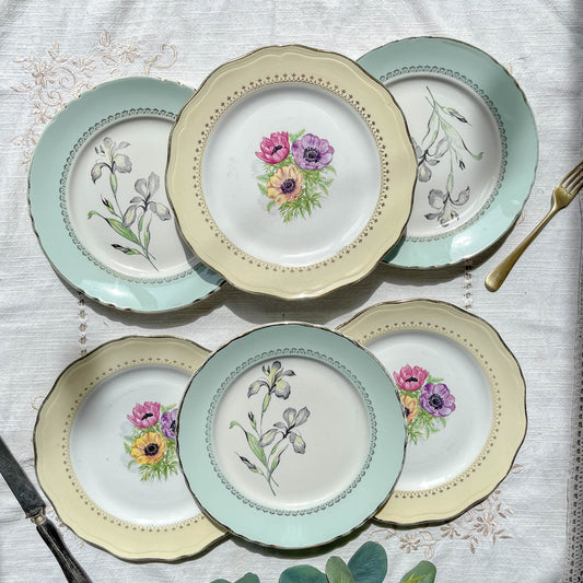 6 assiettes vintage en porcelaine française dépareillées – Jaune, vert, fleuri – Moulin des Loups - L'Amandinoise