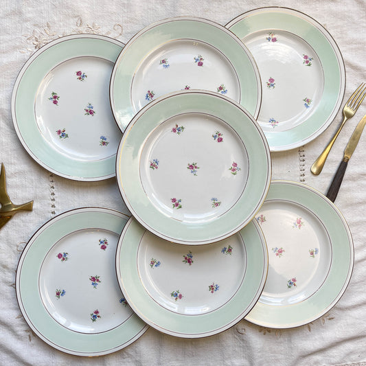 7 Assiettes plates en faïence blanche verte dorée fleuries SALINS 66 made in France