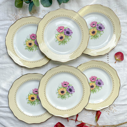 6 Assiettes plates en porcelaine vintage motif fleuri blanche jaune doré L'Amandinoise "Coopélia" -Vaisselle vintage fleurie