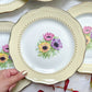  6 Assiettes plates en porcelaine vintage motif fleuri blanche jaune doré L'Amandinoise "Coopélia" -Vaisselle vintage fleurie