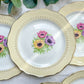 6 Assiettes plates en porcelaine vintage motif fleuri blanche jaune doré L'Amandinoise "Coopélia" -Vaisselle vintage fleurie