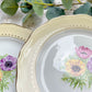 6 Assiettes plates en porcelaine vintage motif fleuri blanche jaune doré L'Amandinoise "Coopélia" -Vaisselle vintage fleurie
