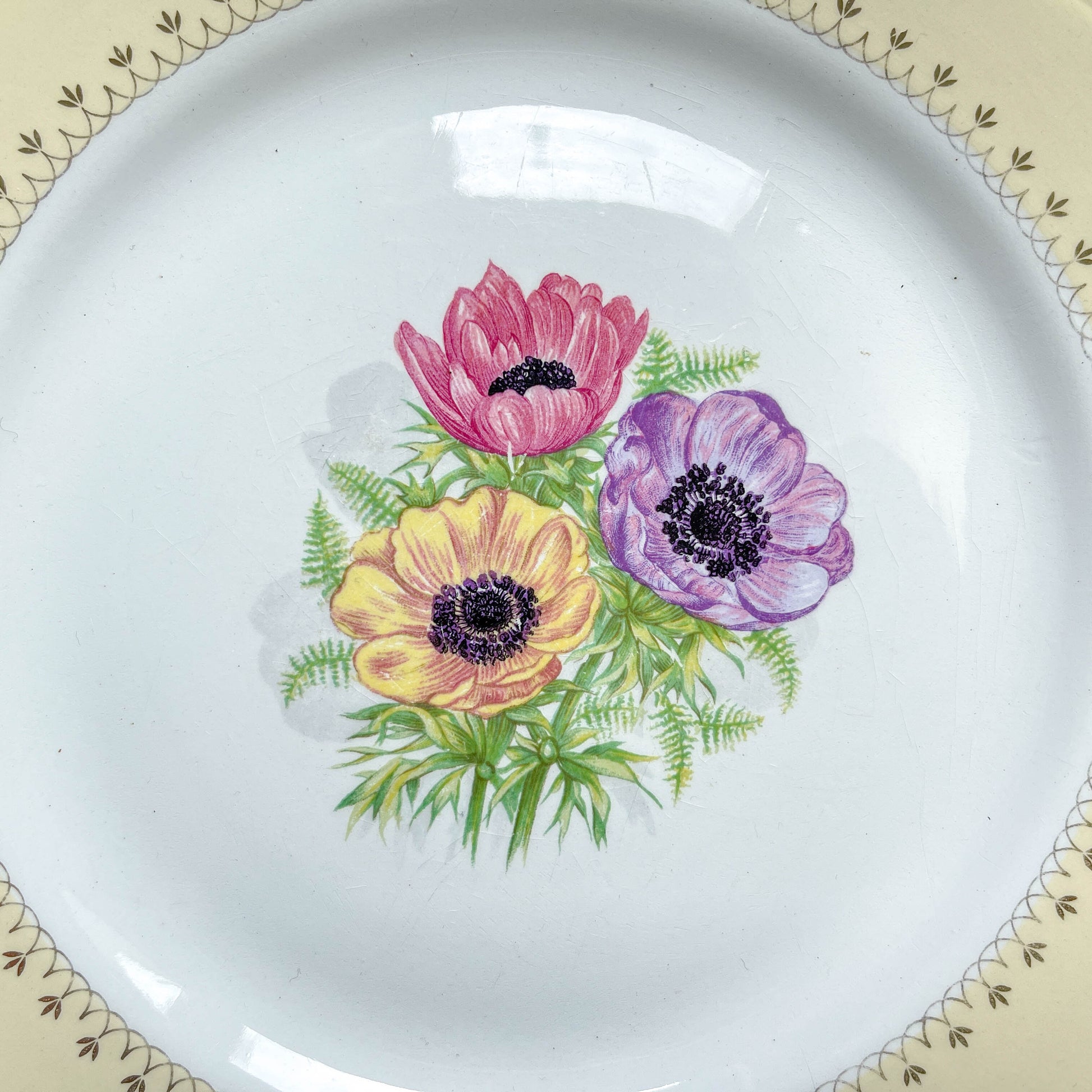  6 Assiettes plates en porcelaine vintage motif fleuri blanche jaune doré L'Amandinoise "Coopélia" -Vaisselle vintage fleurie