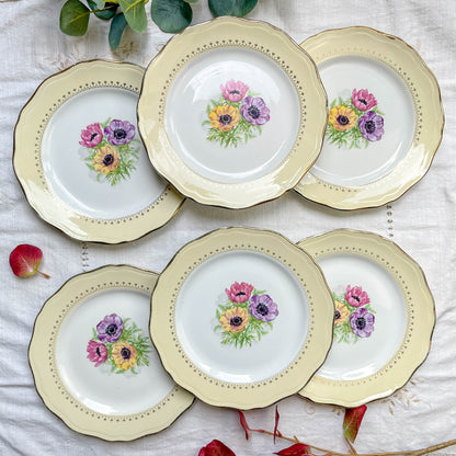 6 Assiettes plates en porcelaine vintage motif fleuri blanche jaune doré L'Amandinoise "Coopélia" -Vaisselle vintage fleurie