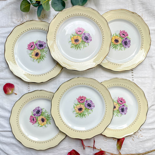 6 Assiettes plates en porcelaine vintage motif fleuri blanche jaune doré L'Amandinoise "Coopélia" -Vaisselle vintage fleurie