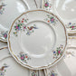 Lot de 5 grandes assiettes vintage en porcelaine Longchamp Chantilly, motif floral et oiseau de paradis, liseré doré, années 1970, vaisselle ancienne française