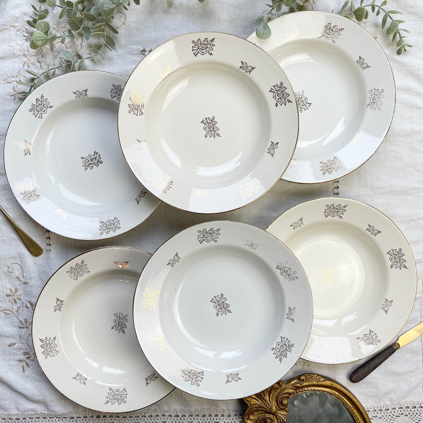 6 Assiettes creuses vintage en porcelaine DIGOIN & SARREGUEMINES France 1950 petites fleurs dorées