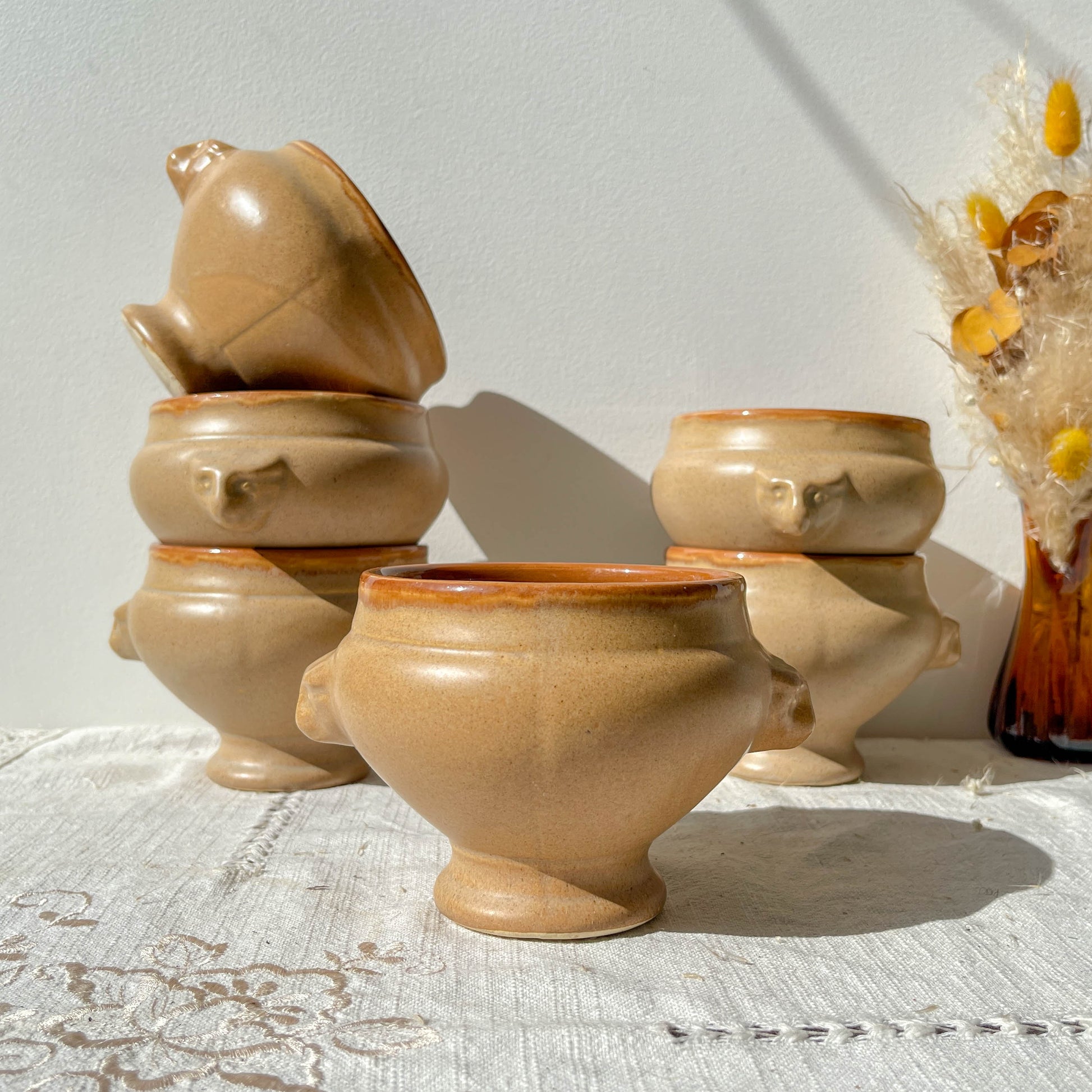 6 Bols à Soupe à l'Oignon Tête de Lion en Céramique Vintage Emile Henry - Beige et miel, Made in France