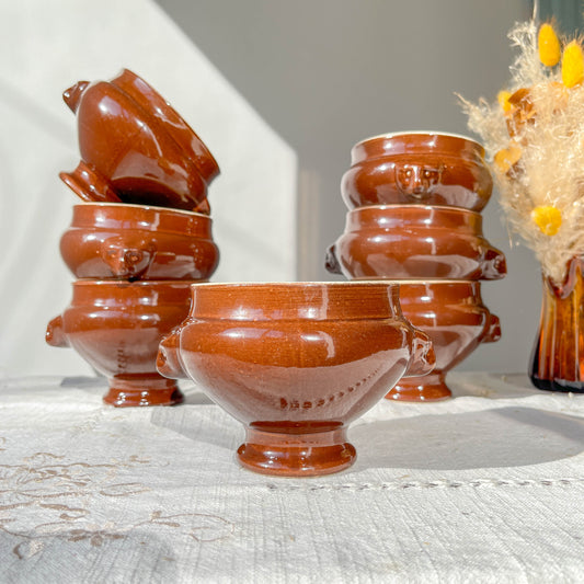 7 Bols à Soupe à l'Oignon Tête de Lion en Céramique Vintage Emile Henry - Marron, Made in France