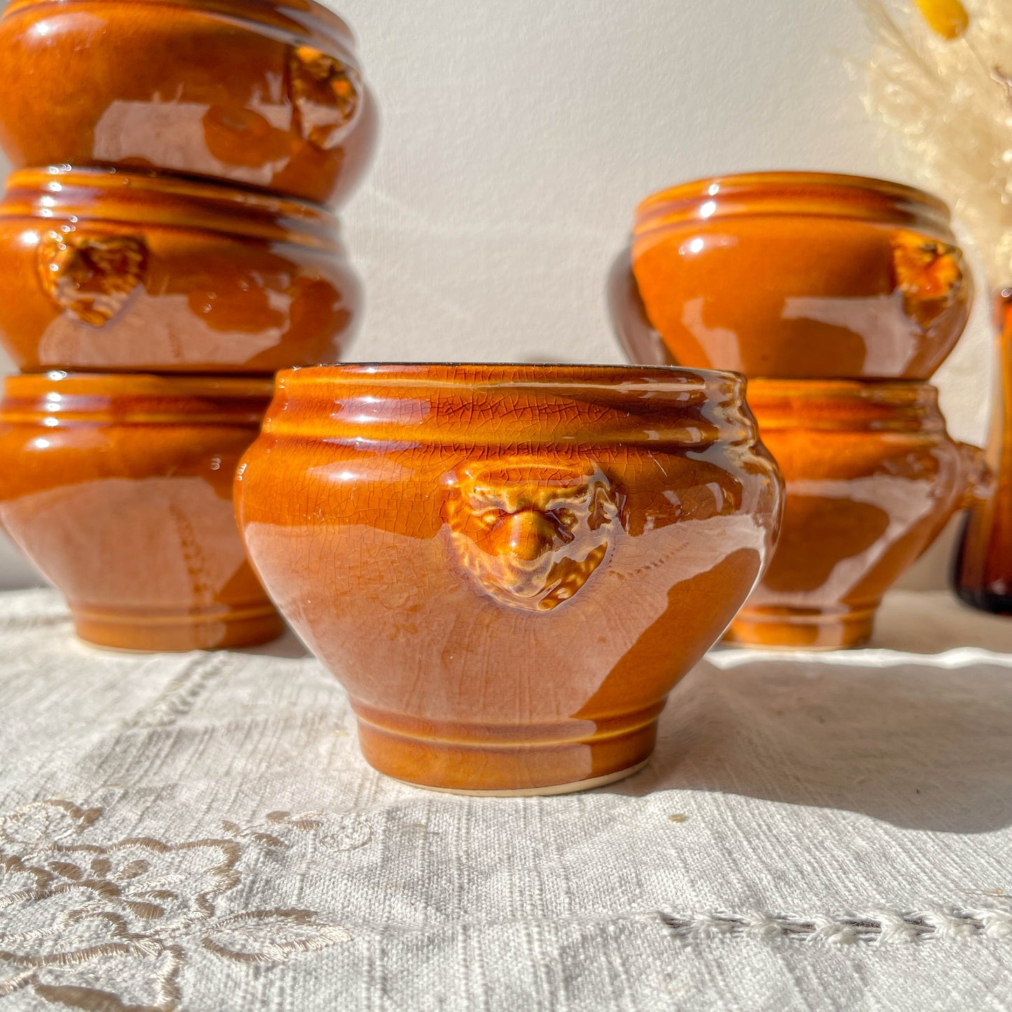 6 Bols à Soupe à l'Oignon Tête de Lion en Céramique Vintage style Emile Henry - miel et noir, Made in France - Élégance Tradition