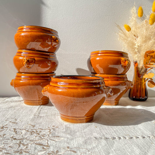 6 bols à soupe à l’oignon tête de lion en céramique vintage, style Émile Henry, coloris miel et noir, fabrication française – élégance et tradition de la vaisselle ancienne.