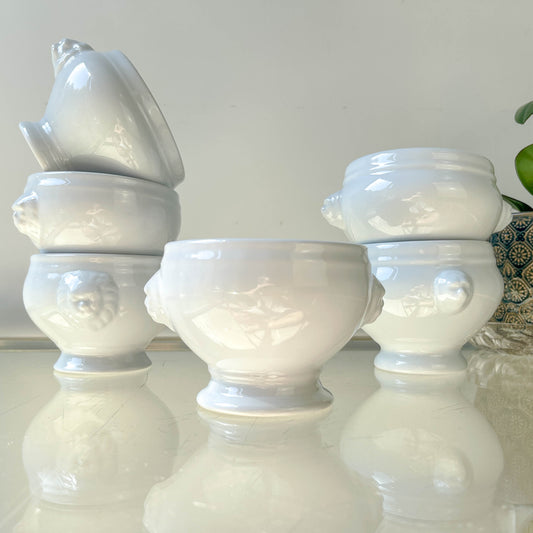 6 Bols à Soupe à l'Oignon Tête de Lion en Porcelaine Vintage dépareillés - Blanc, Made in France
