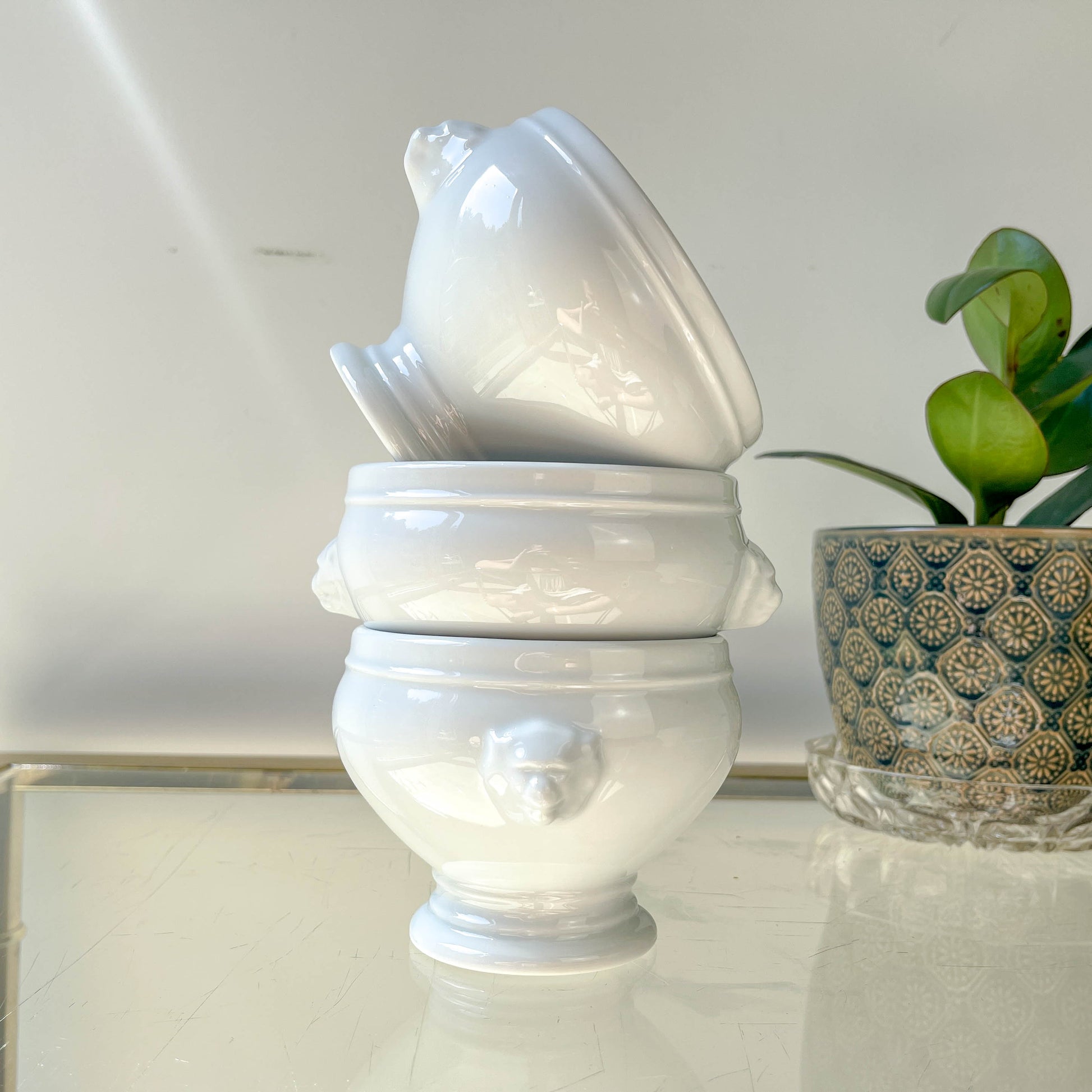 6 Bols à Soupe à l'Oignon Tête de Lion en Porcelaine Vintage dépareillés - Blanc, Made in France