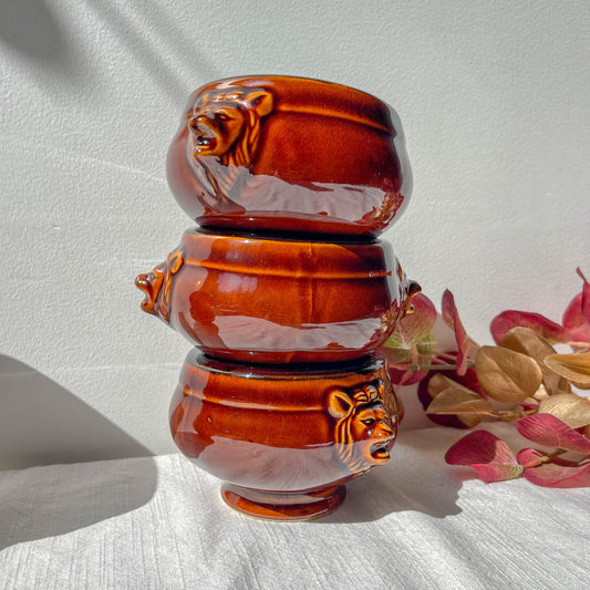 復古獅頭造型棕色陶碗－湯碗、復古餐具、復古陶碗