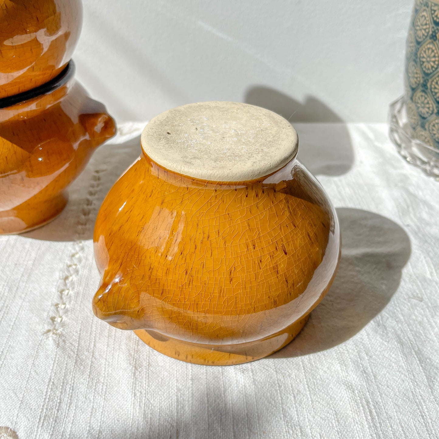 5 bols tête de lion vintage en grès ocre moucheté style Emile Henry – Made in France