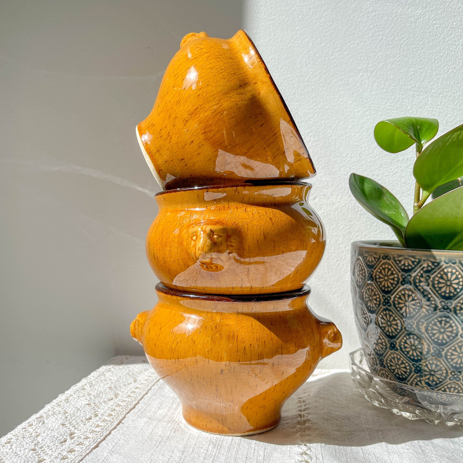 5 bols tête de lion vintage en grès ocre moucheté style Emile Henry – Made in France