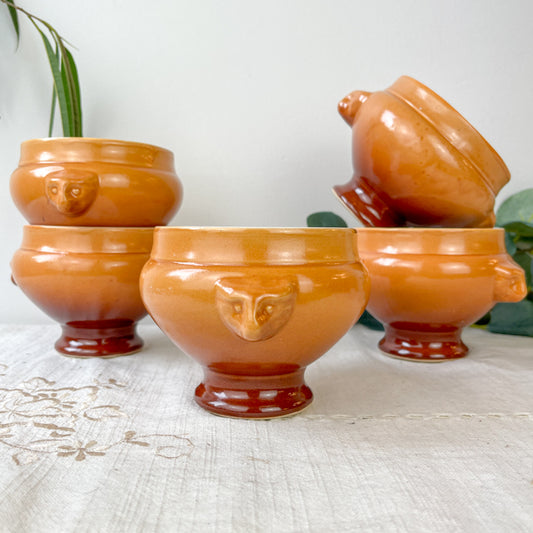 5 Bols à Soupe à l'Oignon Tête de Lion en Céramique Vintage Emile Henry - dégradé Miel/Marron, Made in France - Élégance Tradition