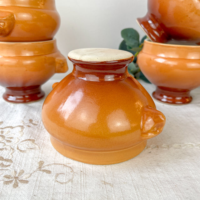 5 Bols à Soupe à l'Oignon Tête de Lion en Céramique Vintage Emile Henry - dégradé Miel/Marron, Made in France - Élégance Tradition