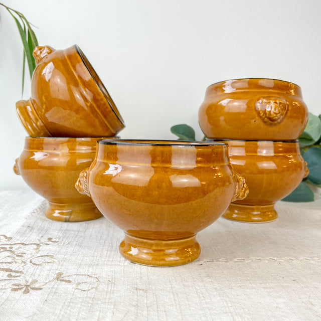 5 Bols à Soupe à l'Oignon Tête de Lion en Céramique Vintage Emile Henry - miel et noir, Made in France - Élégance Tradition