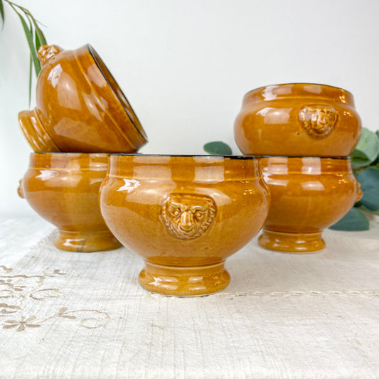5 Bols à Soupe à l'Oignon Tête de Lion en Céramique Vintage Emile Henry - miel et noir, Made in France - Élégance Tradition