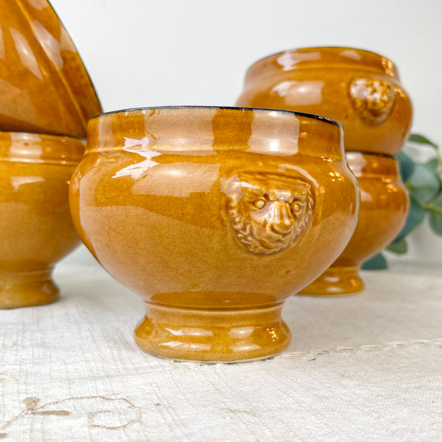 5 Bols à Soupe à l'Oignon Tête de Lion en Céramique Vintage Emile Henry - miel et noir, Made in France - Élégance Tradition