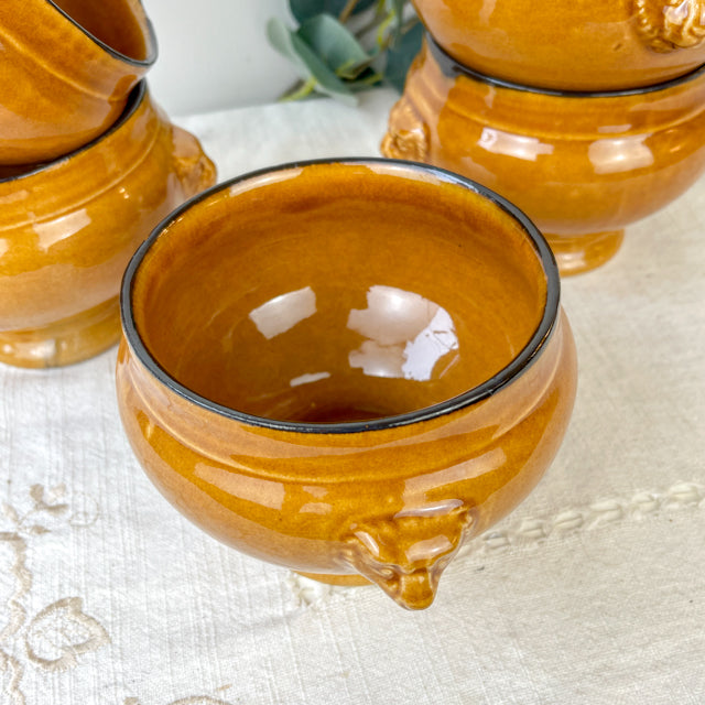 5 Bols à Soupe à l'Oignon Tête de Lion en Céramique Vintage Emile Henry - miel et noir, Made in France - Élégance Tradition