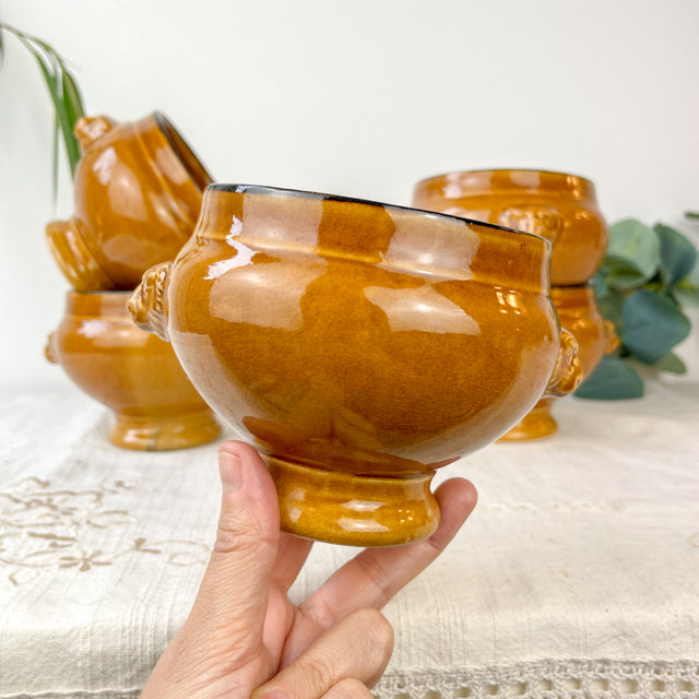 5 Bols à Soupe à l'Oignon Tête de Lion en Céramique Vintage Emile Henry - miel et noir, Made in France - Élégance Tradition