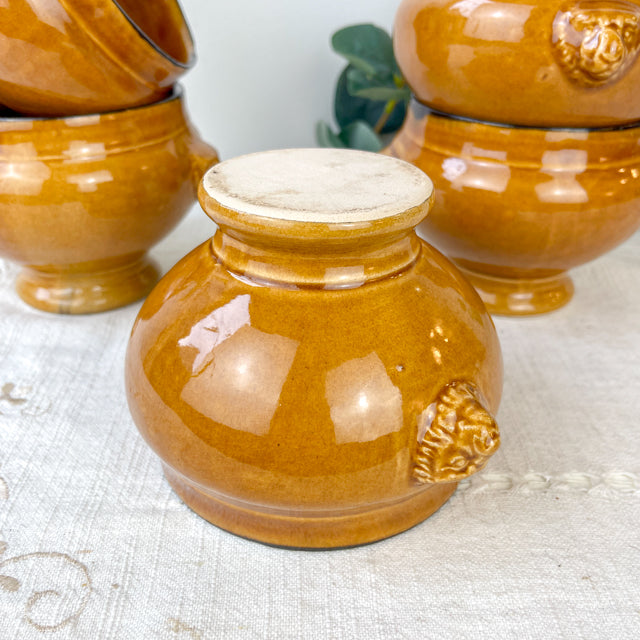 5 Bols à Soupe à l'Oignon Tête de Lion en Céramique Vintage Emile Henry - miel et noir, Made in France - Élégance Tradition