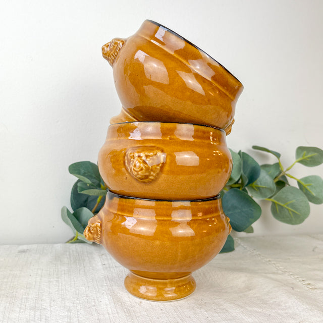 5 Bols à Soupe à l'Oignon Tête de Lion en Céramique Vintage Emile Henry - miel et noir, Made in France - Élégance Tradition