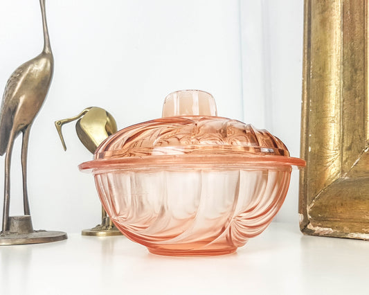 Bonbonnière vintage en verre rose Art déco 1950