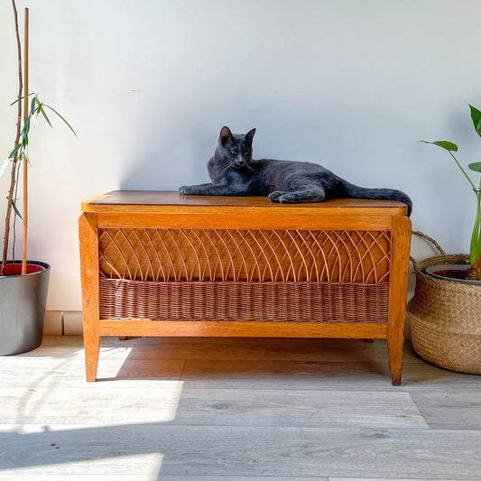 Banc coffre vintage en bois et rotin – Années 60 – Banc de rangement rétro déco entrée ou chambre