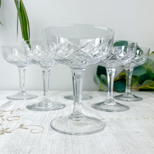 6 Coupes à Champagne en Cristal Taillé Vintage – Cristallerie de Lorraine Lemberg - Étiquette Origine - Années 1950–1970