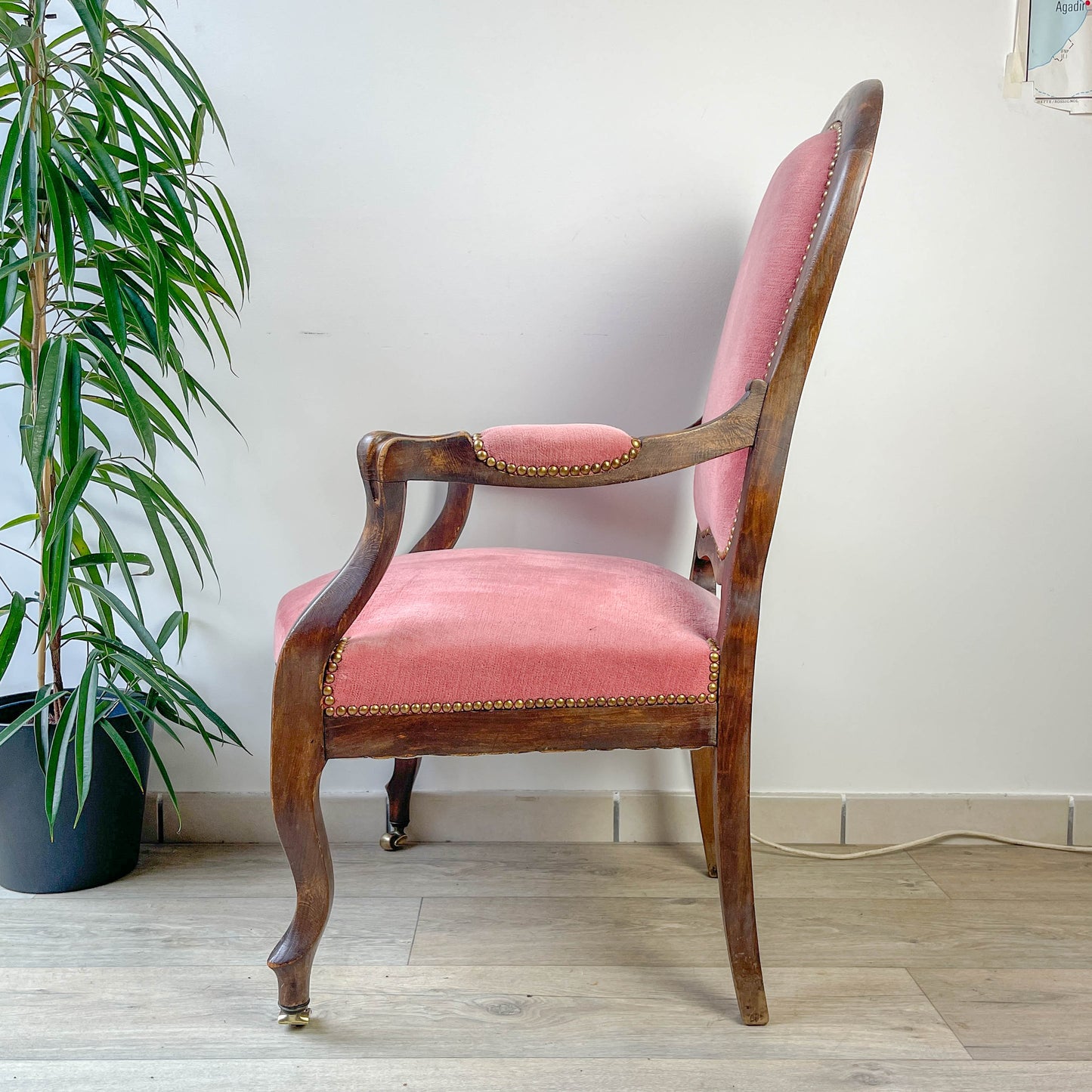 Fauteuil Louis Philippe velours rose - Fauteuil ancien XIXe - Décoration romantique vintage - Siège antique bois sculpté