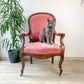 Fauteuil Louis Philippe velours rose - Fauteuil ancien XIXe - Décoration romantique vintage - Siège antique bois sculpté