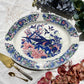 Grand plat ovale ancien en faïence italienne Stoviglierie – motif oiseaux et fleurs bleu, vert, rose
