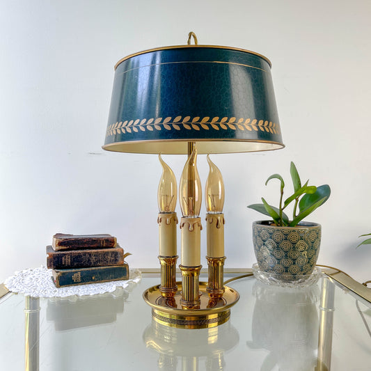 Lampe bouillotte vintage style Empire – bronze doré & abat-jour vert laurier – 3 bras bougie