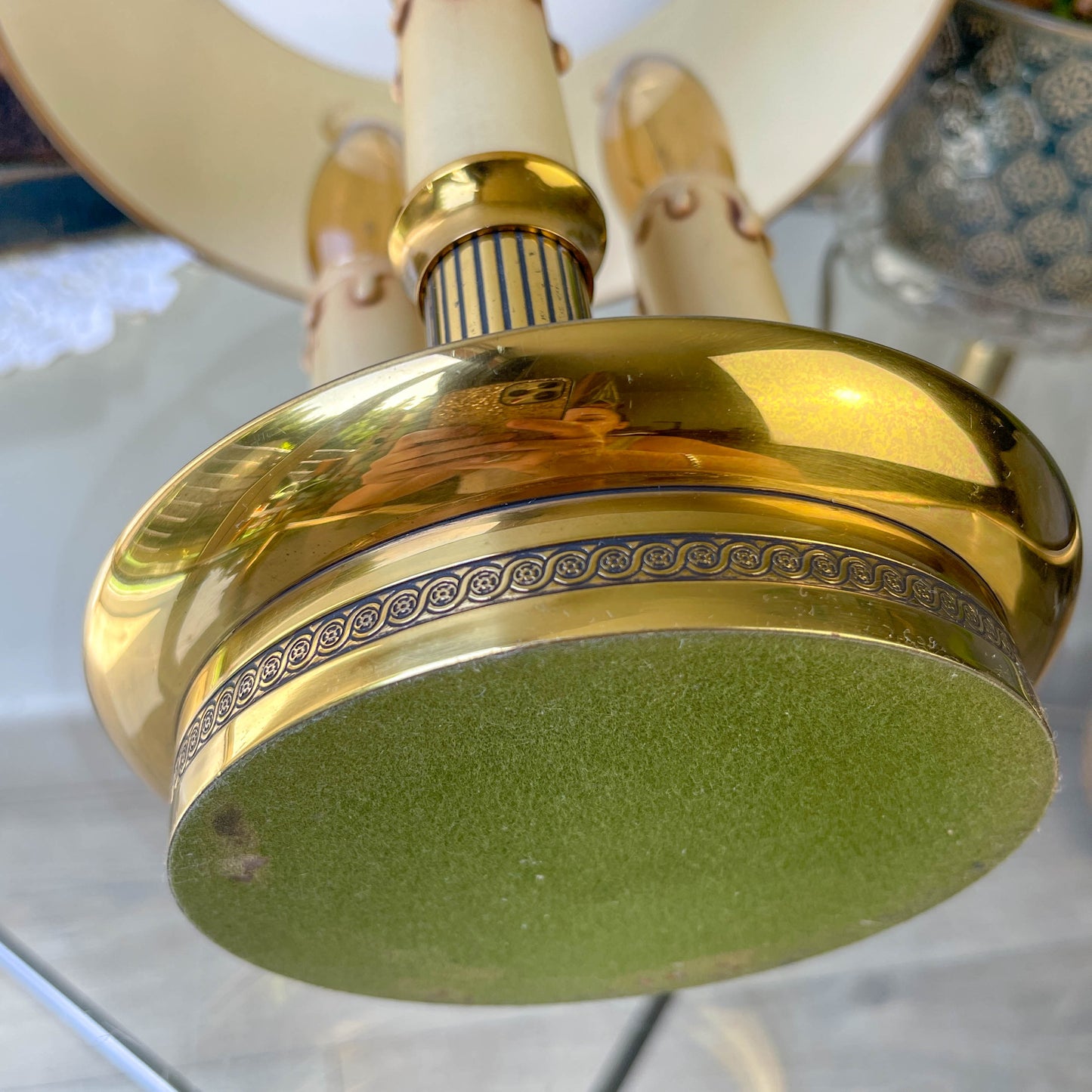 Lampe bouillotte vintage style Empire – bronze doré & abat-jour vert laurier – 3 bras bougie