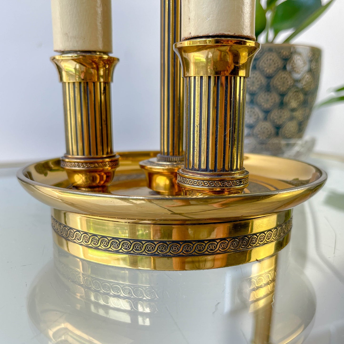 Lampe bouillotte vintage style Empire – bronze doré & abat-jour vert laurier – 3 bras bougie