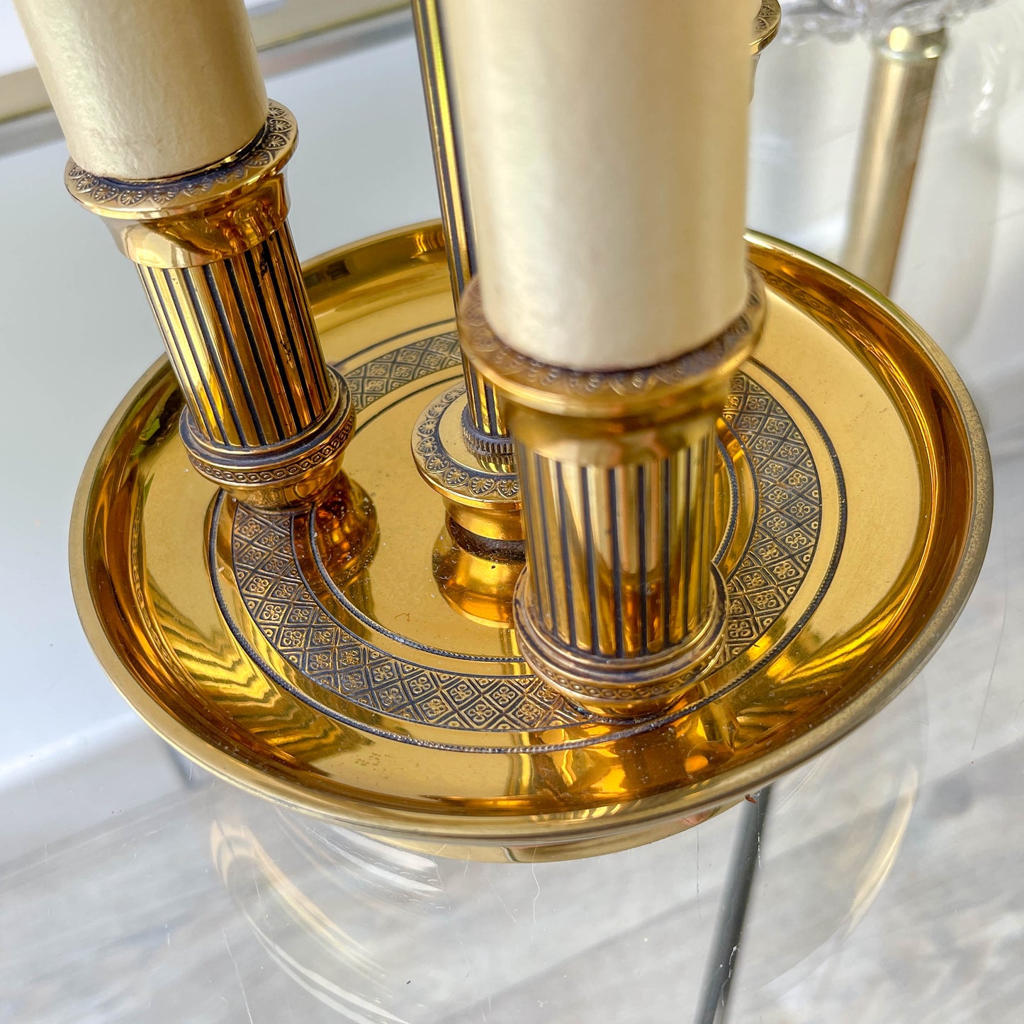 Lampe bouillotte vintage style Empire – bronze doré & abat-jour vert laurier – 3 bras bougie