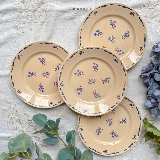 Lot de 4 petites assiettes en porcelaine vintage K&G Lunéville "Flore" des années 1950, décor fleuri bleu
