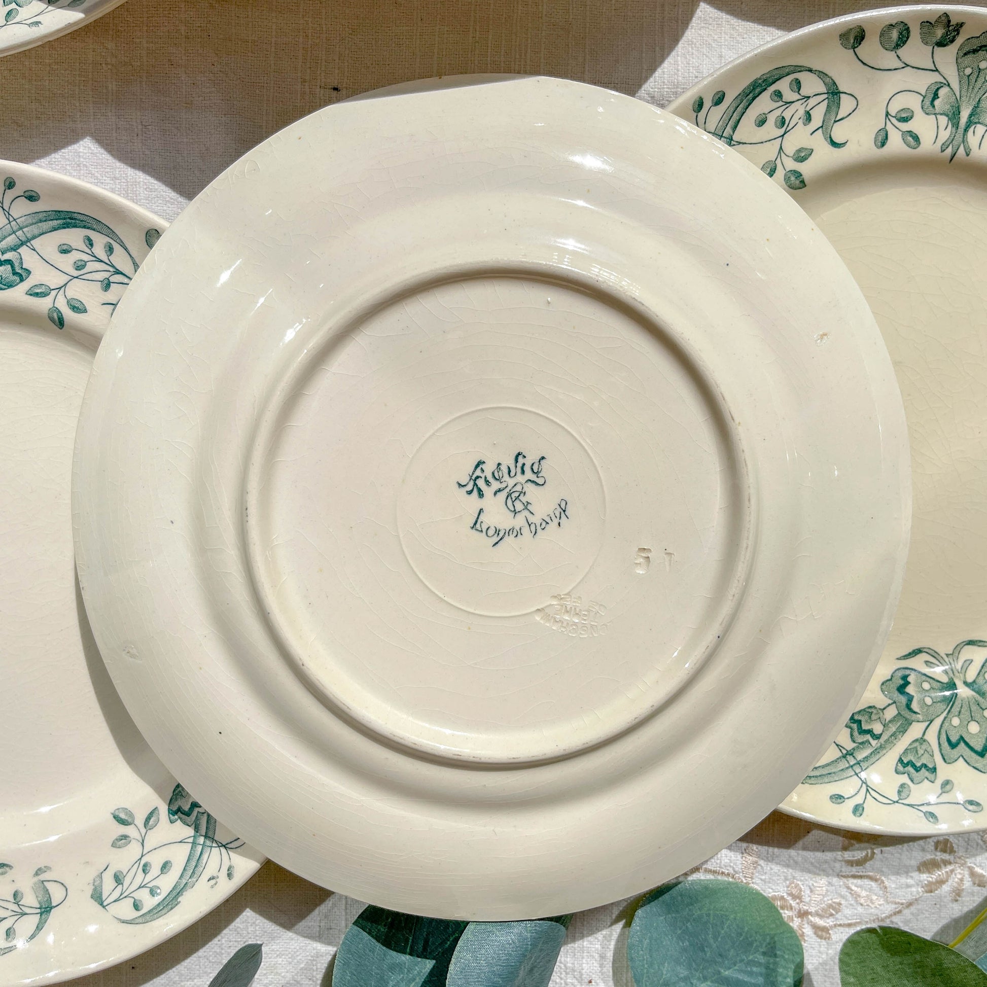 Lot de 6 Petites Assiettes Anciennes Terre de Fer "Figuig" – Longchamp XIXe 
