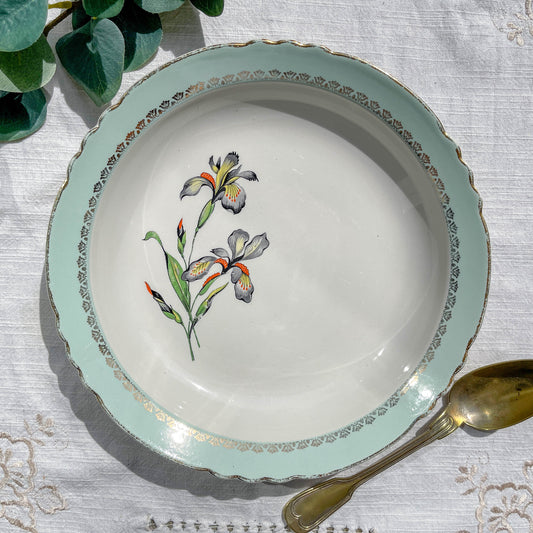 Plat creux en porcelaine vintage blanche verte Iris Moulin des Loups "Sargosse" 1950s