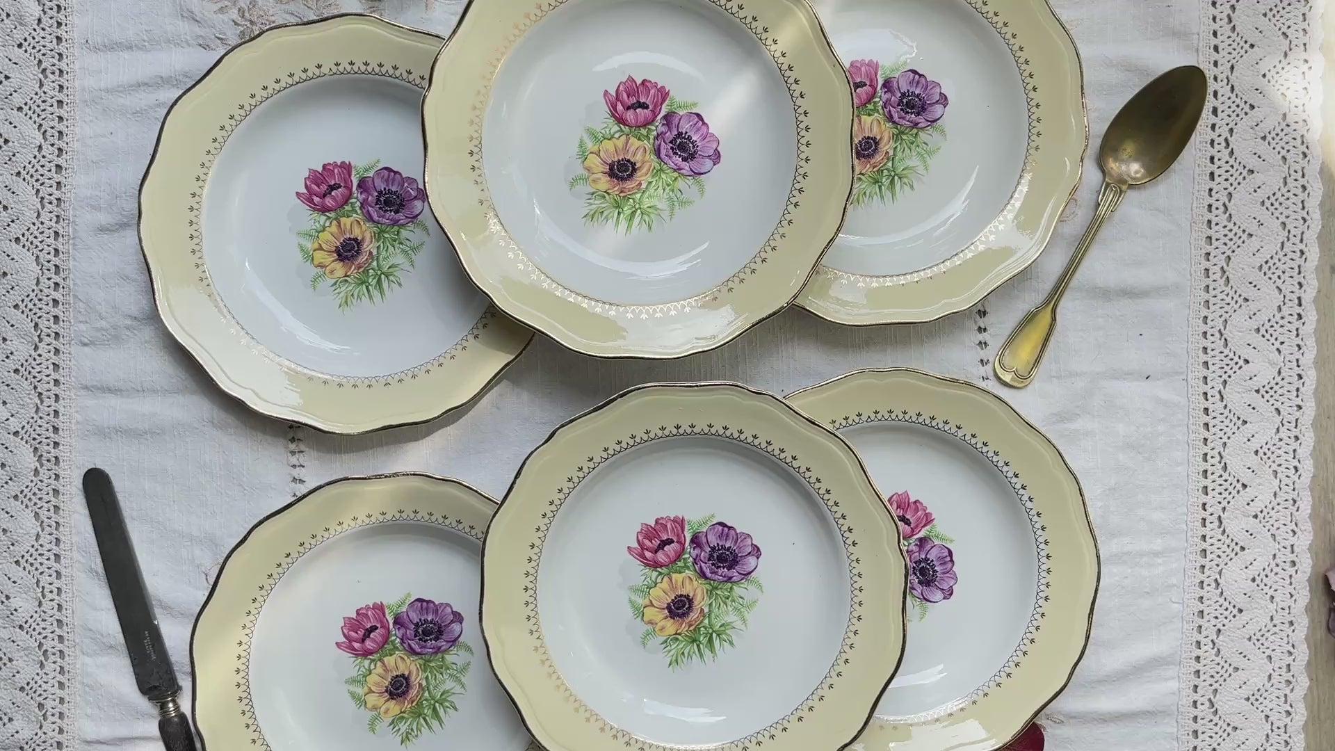 6 Assiettes creuses en porcelaine vintage motif fleuri blanche jaune doré L'Amandinoise "Coopélia" -Vaisselle vintage fleurie