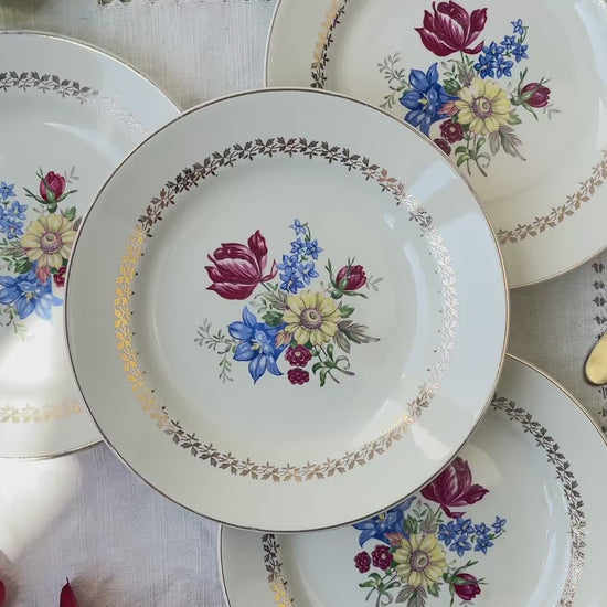 4 Assiettes plates en porcelaine vintage motif fleuri Sarreguemines 5261 -Vaisselle vintage fleurie -Vaisselle Française Assiettes-vintage
