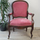 Fauteuil Louis Philippe velours rose - Fauteuil ancien XIXe - Décoration romantique vintage - Siège antique bois sculpté