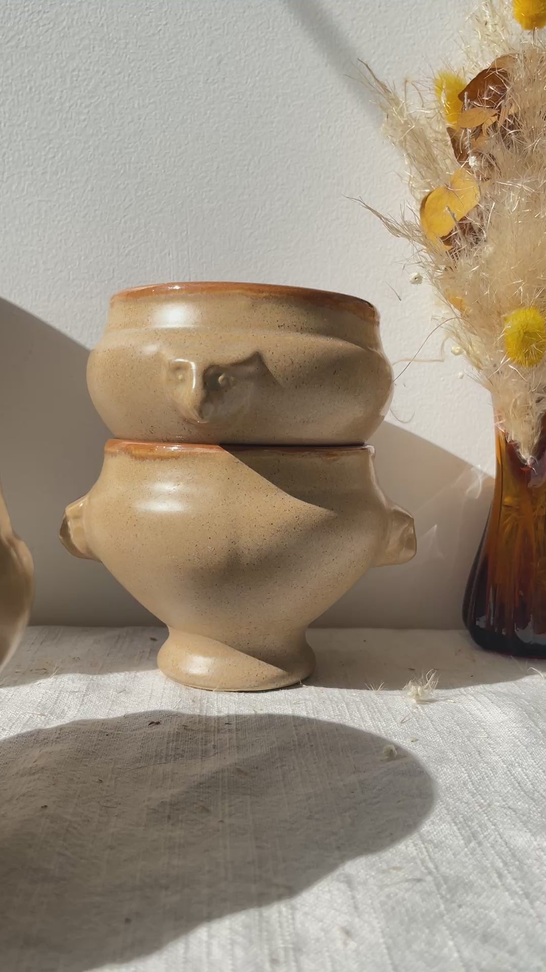 6 Bols à Soupe à l'Oignon Tête de Lion en Céramique Vintage Emile Henry - Beige et miel, Made in France
