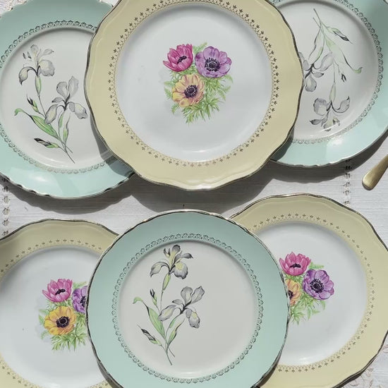 6 assiettes vintage en porcelaine française dépareillées – Jaune, vert, fleuri – Moulin des Loups - L'Amandinoise