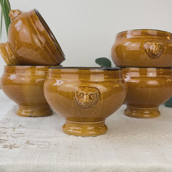 5 Bols à Soupe à l'Oignon Tête de Lion en Céramique Vintage Emile Henry - miel et noir, Made in France - Élégance Tradition
